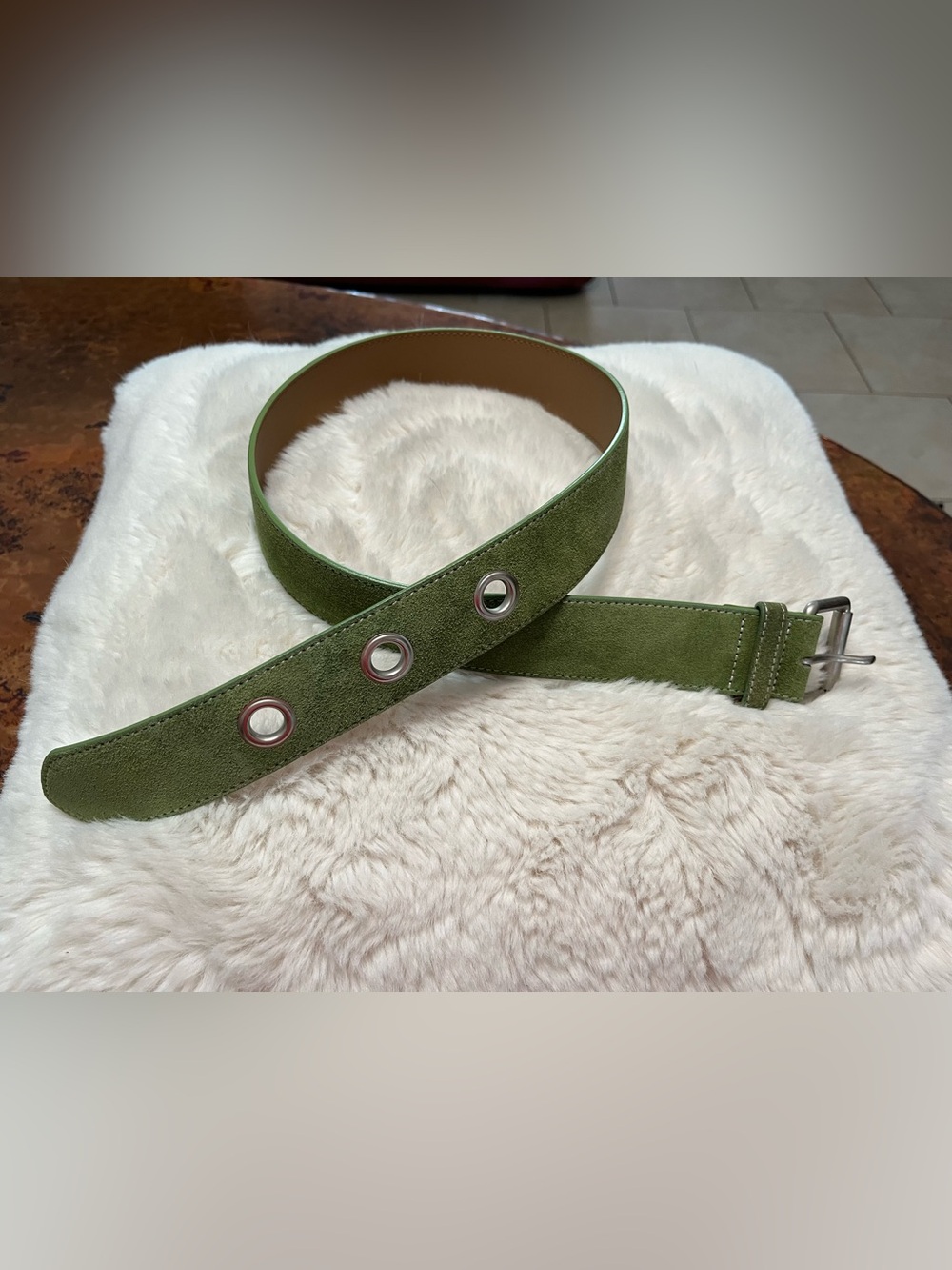 Woman’s Green Suede Belt with Silver-tone Eyelets